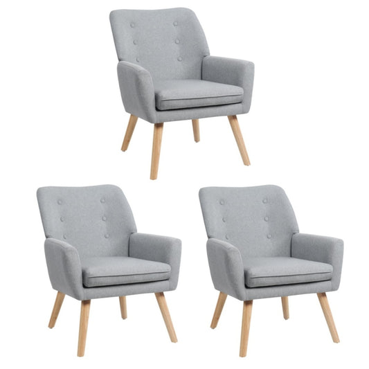 Oikiture 3x Armchair Lounge Chair Linen Tub Chairs Sofa Grey