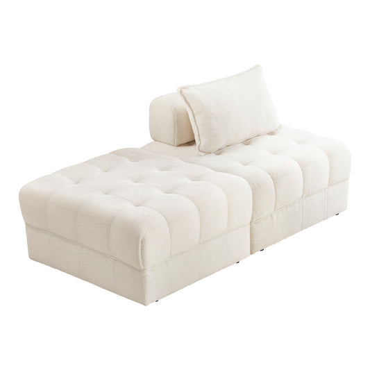 Oikiture 2 Seater Boucle Modular Sofa & Ottoman Set Armless White