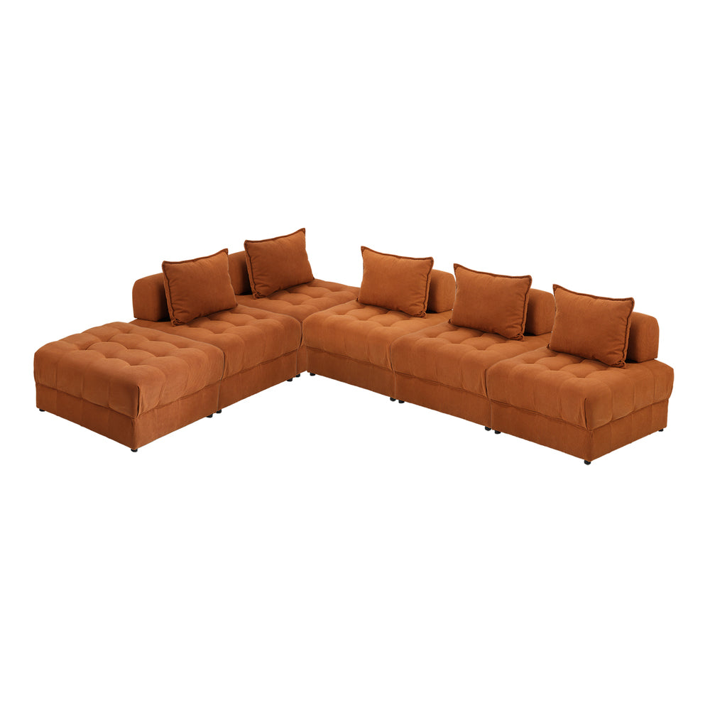 Oikiture 6 Seater Velvet Modular Sofa & Ottoman Set with Backrest Brown