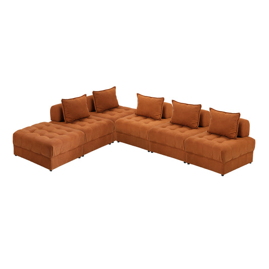 Oikiture 6 Seater Velvet Modular Sofa & Ottoman Set with Backrest Brown