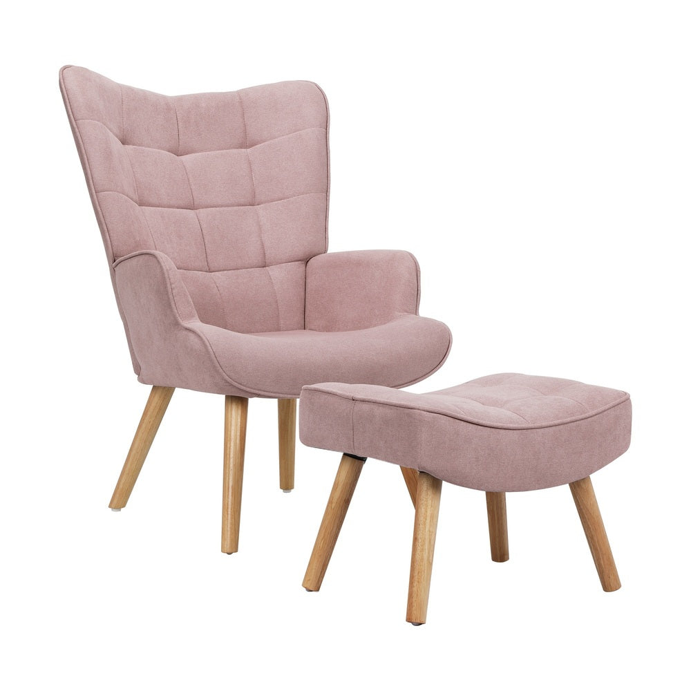 Oikiture Armchair Set Ottoman Fabric Sofa Chairs Pink