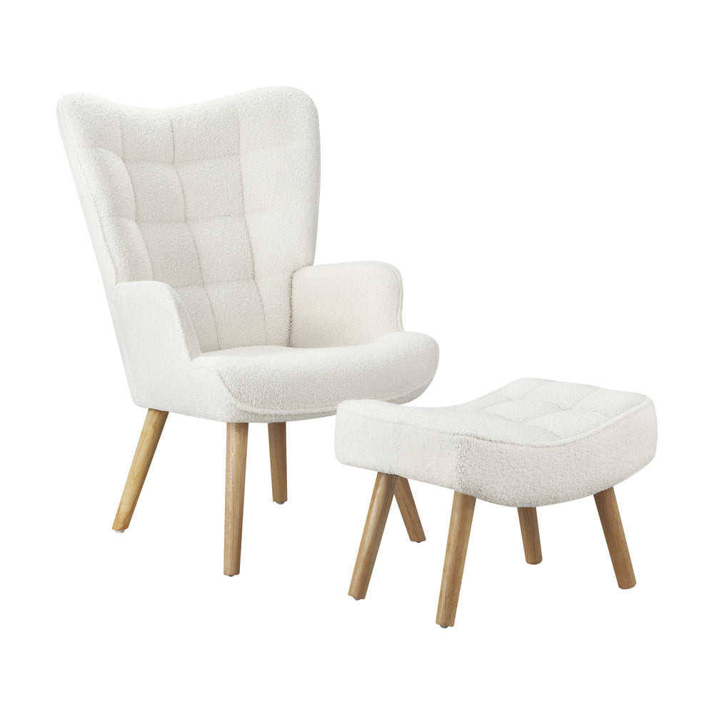 Oikiture Armchair with Footstool Sherpa White