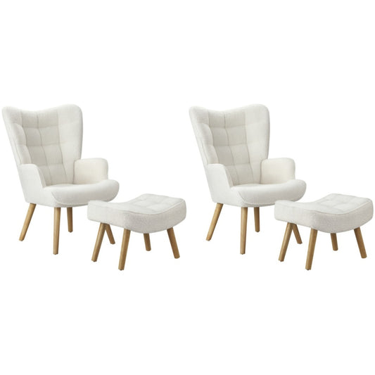 Oikiture 2x Armchair Lounge Chair Ottoman Sherpa Sofa White