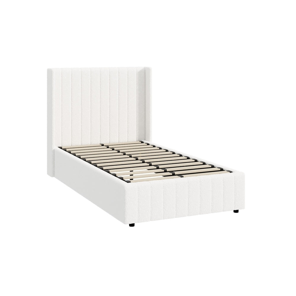 Oikiture Bed Frame King Single Gas Lift Base Boucle Fabric White