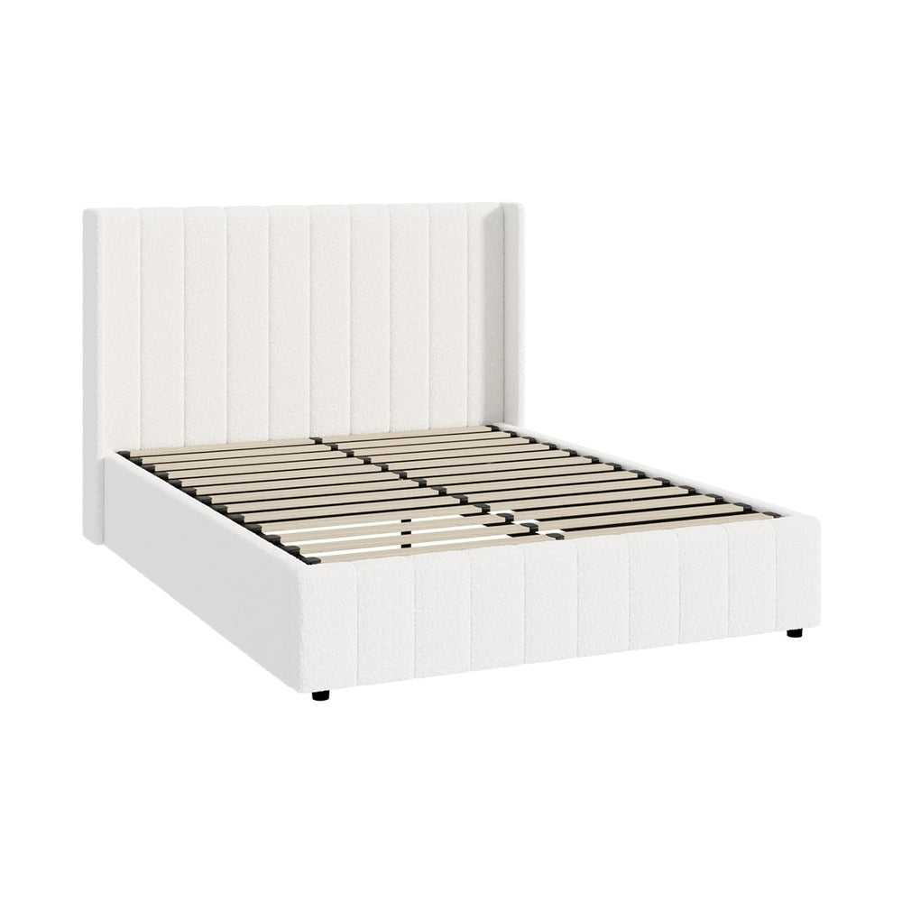 Oikiture Bed Frame Queen Size Gas Lift Base Boucle Fabric White