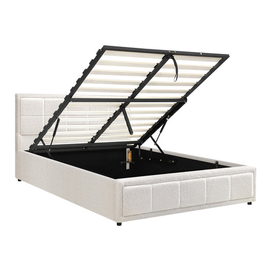Oikiture Double Bed Frame Gas Lift Storage Base Boucle White