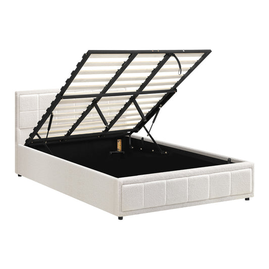 Oikiture King Bed Frame Gas Lift Storage Base Boucle White