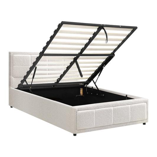 Oikiture Bed Frame King Single Gas Lift Storage Base Boucle White