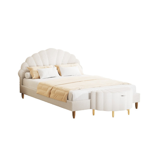 Oikiture Boucle Bed Frame with Ottoman Set Scallop Shaped Sherpa Bedhead Double