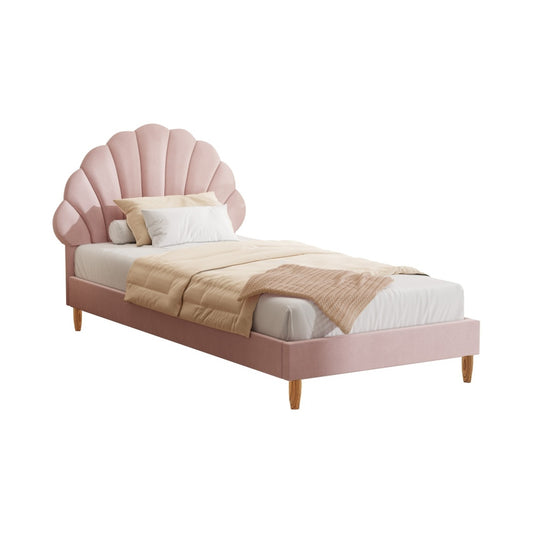 Oikiture Single Bed Frame Scallop-Shape Bedhead Pink Velvet