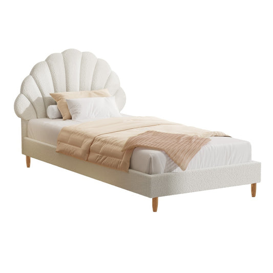 Oikiture Single Bed Frame Scallop-Shape Bedhead White Boucle
