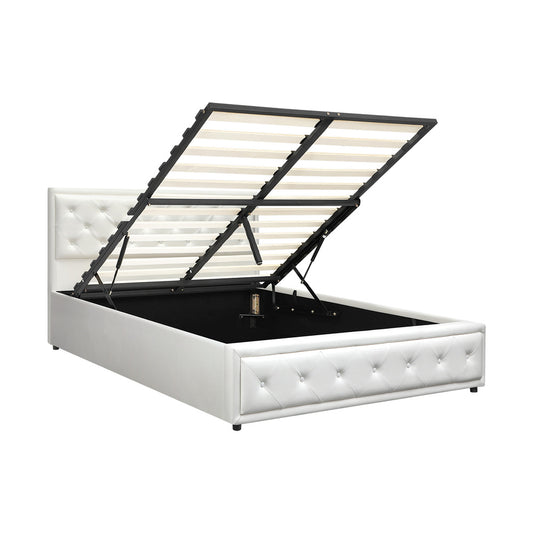 Oikiture Double Bed Frame with Storage Space Gas Lift White