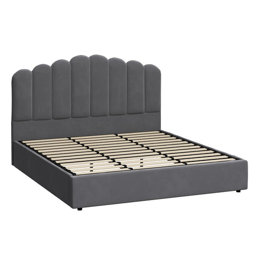 Oikiture Bed Frame King Size Gas Lift Velvet Grey