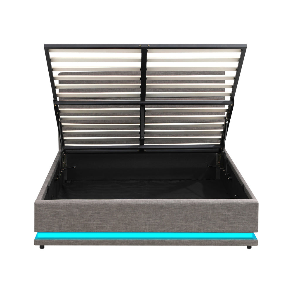 Oikiture Double Bed Frame with Gas Lift LED Storage Space Grey