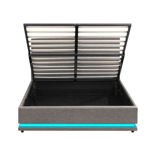 Oikiture Queen Bed Frame with Gas Lift LED Storage Space Grey