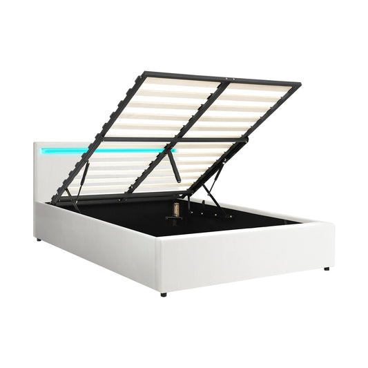 Oikiture Bed Frame RGB LED Double Size Gas Lift Storage Base White