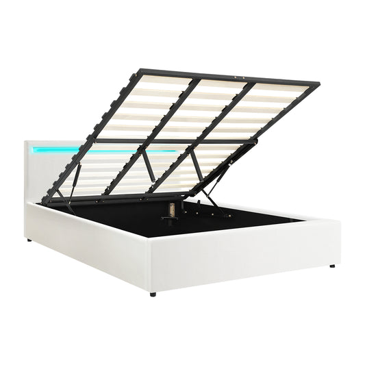 Oikiture Bed Frame RGB LED King Size Gas Lift Storage Base White