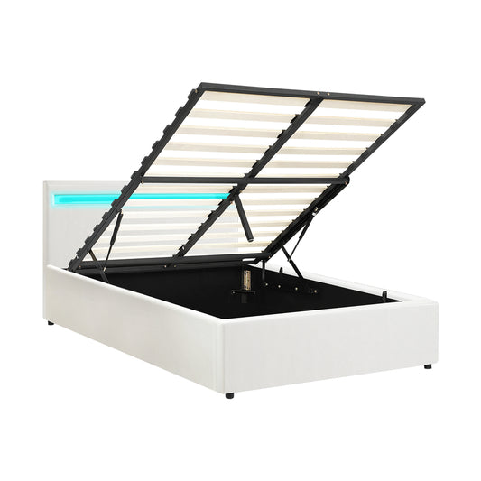 Oikiture Bed Frame RGB LED King Single Gas Lift Storage Base White