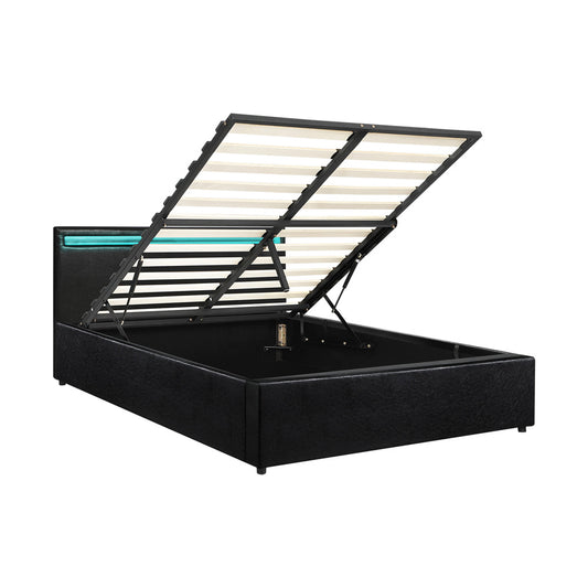 Oikiture Bed Frame RGB LED Queen Size Gas Lift Storage Base Black