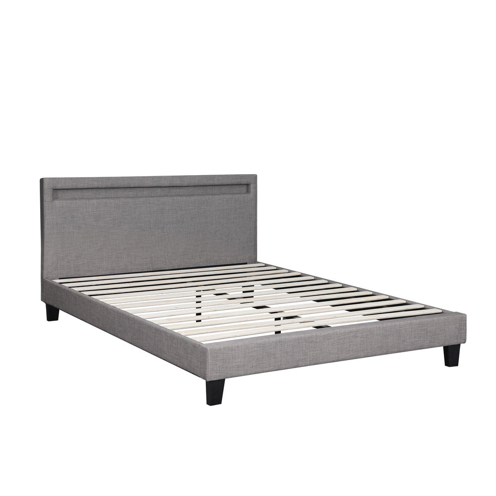 Oikiture Bed Frame RGB LED Queen Size Wooden Grey Fabric