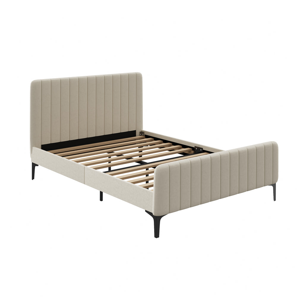 Oikiture Double Size Bed Frame Velvet Fabric Beige