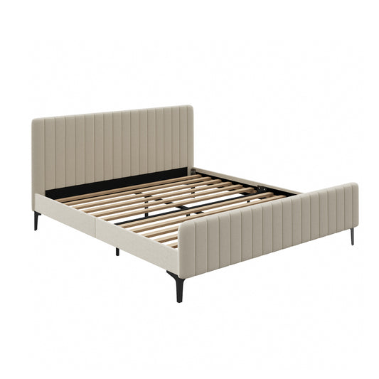 Oikiture King Size Bed Frame Velvet Fabric Beige