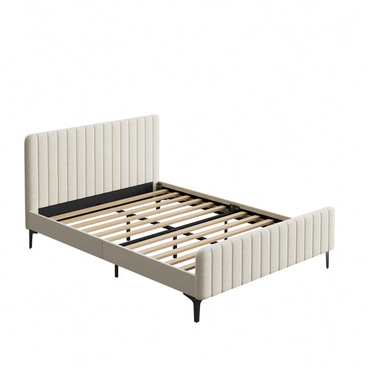 Oikiture Queen Size Bed Frame Velvet Fabric Beige