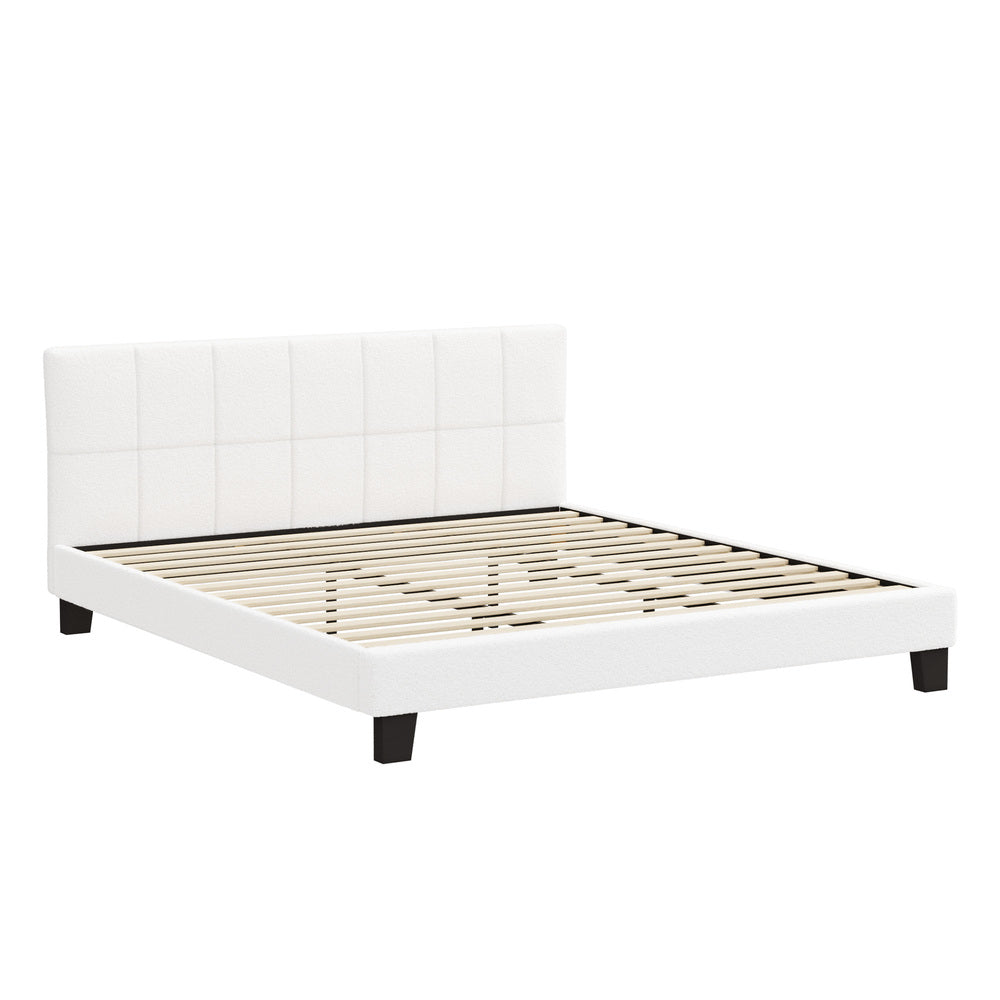 Oikiture Bed Frame King Size Base White Boucle TOFU