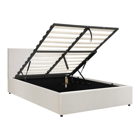 Oikiture Queen Bed Frame Gas Lift Storage Base White Boucle