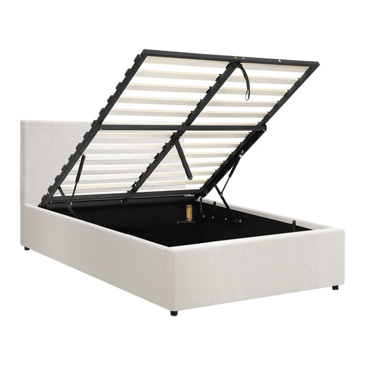 Oikiture Single Bed Frame Gas Lift Storage Base White Boucle