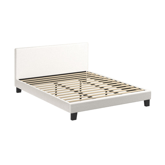 Oikiture King Bed Frame Wooden Slats Boucle Fabric White