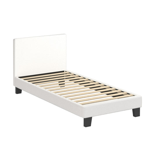 Oikiture Single Bed Frame Wooden Slats Boucle Fabric White
