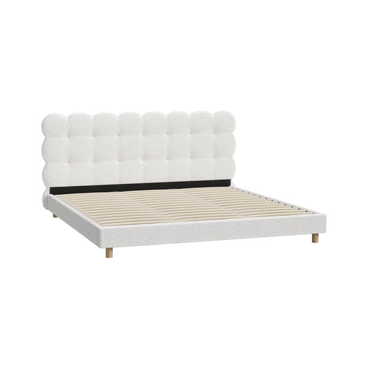 Oikiture Bed Frame King Tufted Bedhead Boucle Fabric White