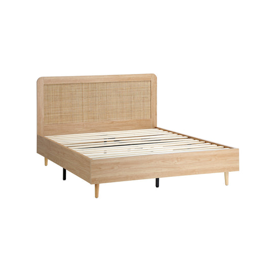 Oikiture Wooden Bed Frame Double Size Rattan Headboard