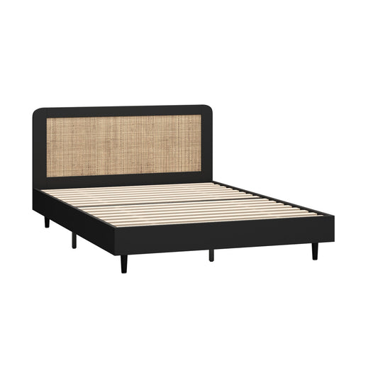 Oikiture Bed Frame Queen Size Real Rattan Headboard Black