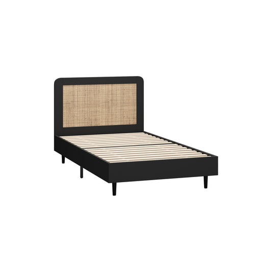 Oikiture Bed Frame Single Size Real Rattan Headboard Black