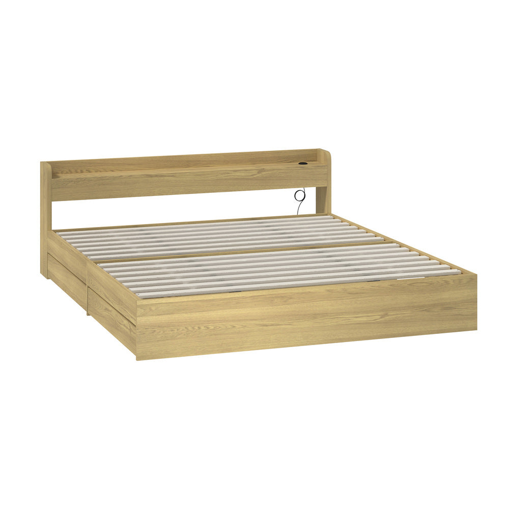 Oikiture King Bed Frame with Charging Ports 2 Drawers Natural