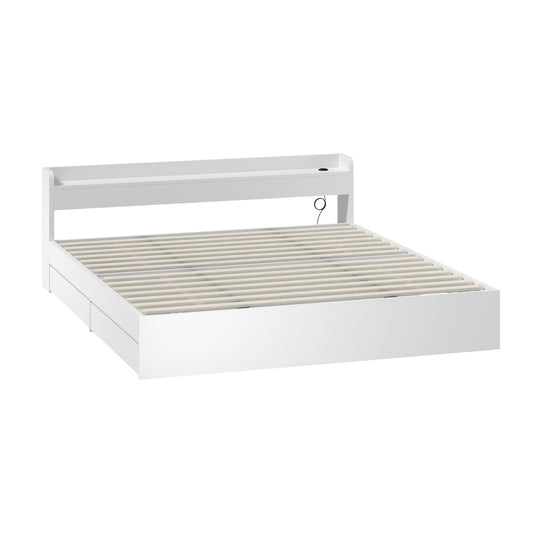 Oikiture Bed Frame King Size with Charging Ports 2 Drawers White