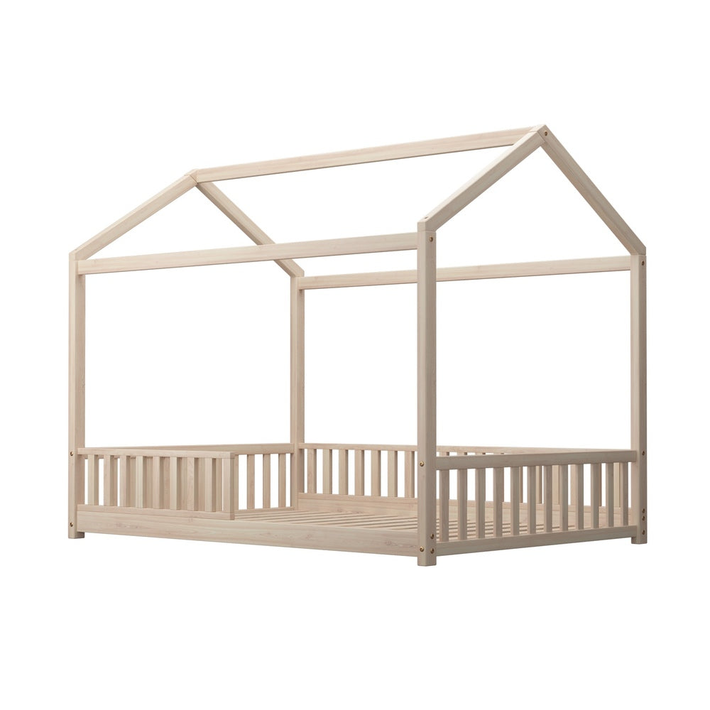 Oikiture Kids Wooden Bed Frame Double Size House Platform Natural