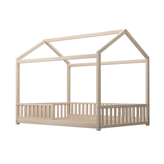 Oikiture Kids Wooden Bed Frame Double Size House Platform Natural