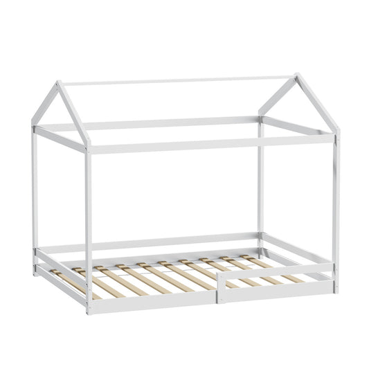 Oikiture Kids Wooden Bed Frame House Base with Fence Double White