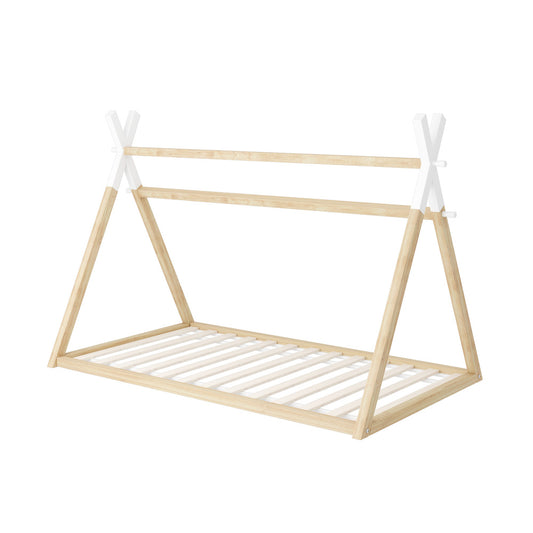 Oikiture Kids Bed Frame Wooden King Single Teepee House