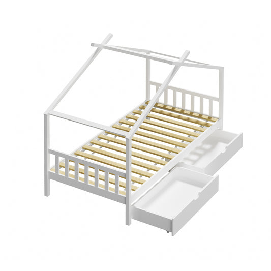 Oikiture Bed Frame Wooden Single House Frame with Drawers White