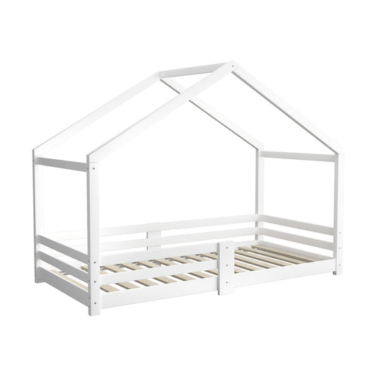 Oikiture Single Bed Frame Wooden Kids House Style White