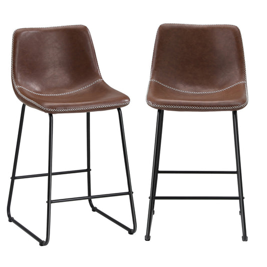 Oikiture 2x Bar Stools Leather Padded Stool Brown
