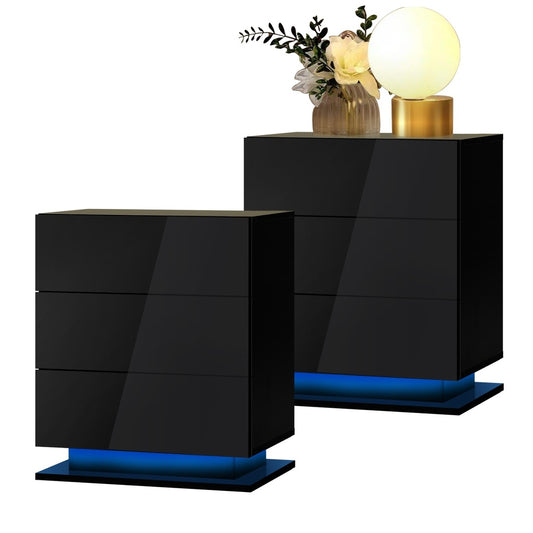 Oikiture Bedside Tables Set of 2 LED Nightstand 3 Drawers