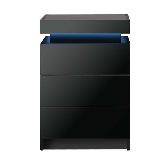 Oikiture Bedside Table RGB LED 3 Drawers Black