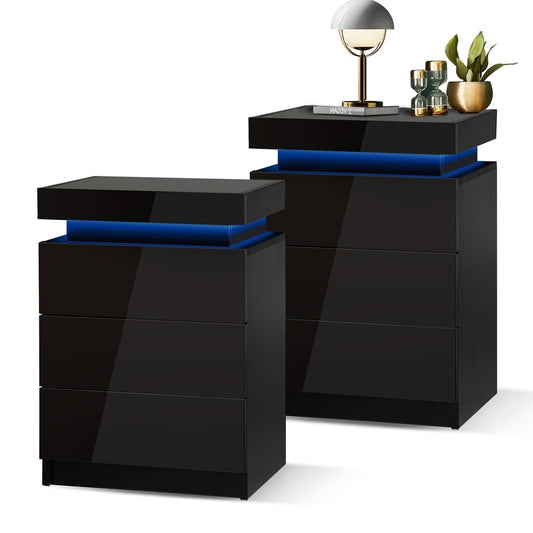 Oikiture Bedside Tables Set of 2 LED Nightstand Black