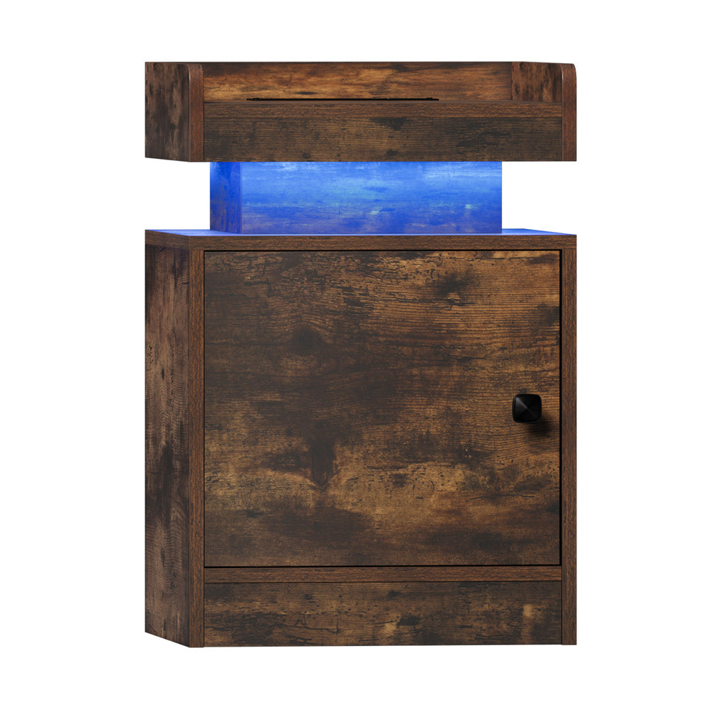 Oikiture LED Bedside Table USB Charging Station Brown