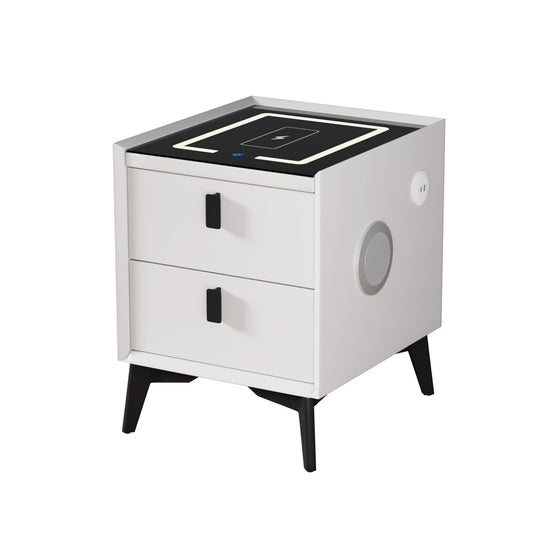 Oikiture Smart Bedside Table Wireless Charging LED 2 Drawers White